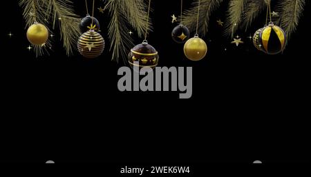 Baule nere e dorate che oscillano sull'albero di natale con stelle dorate su sfondo nero, spazio copia. Natale, decorazioni, tradizione e festa d Foto Stock