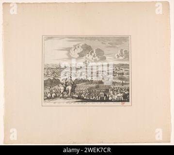 Rilievo di Kamerijk da parte del Duca d'Angiò, 1581, Jan Luyken, 1680 stampa Kamerijk assediato dal Duca di Parma ma sollevato dal Duca d'Angiò, 16 agosto 1581. Vista della città dalla posizione dell'esercito di Angiò, in primo piano due signori di campo a cavallo. Le truppe di Parma lasciano le loro caserme in giro per la città. Carta incisa che solleva l'assedio con assistenza esterna, sollievo Cambrai Foto Stock