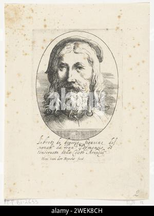 Ritratto di Parmigianino, Hendrik van der Borcht (II), 1638 stampa Ritratto in una lista ovale dell'artista italiano del XVI secolo Francesco Parmigianino. Busto a sinistra. La stampa ha una didascalia italiana. Stampa da una serie a vari disegni di Parmigianino della collezione Arundel Foto Stock