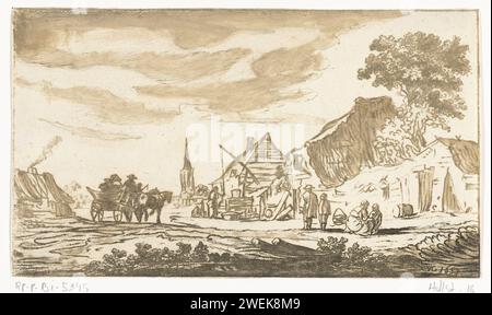 Vista del villaggio, Hendrik Busserus, dopo Jan van Goyen, 1653 stampa Village Face. Sulla sinistra una strada con una famiglia su un carro da cavalli. Sulla destra, accanto a una fattoria, una famiglia a piedi. In lontananza una torre di chiesa. carta che incide la strada pubblica in villaggio. veicolo a quattro ruote trainato da due animali. "in viaggio", viaggiatore in corso Foto Stock