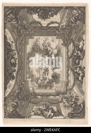 Soffitto trompe-l'oeil con esecuzione mitologica, Daniël Marot (i), soffitto a 1712 stampe con centrotavola rettangolare con una rappresentazione mitologica sostenuta da termini. I lati lunghi sostenuti da due archi. Negli angoli sono visibili le console con una maschera e un vaso. palazzo di incisione di carta Foto Stock