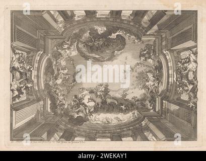 Soffitto trompe-l'oeil con esecuzione mitologica, Daniël Marot (i), soffitto a stampa 1712 con centrotavola rettangolare con lati curvi con rappresentazione mitologica sostenuta da colonne, pilastri e cornicione di ordini dorici. Sui fianchi corti camici coronati di armi fiancheggiati da due figure. palazzo di incisione di carta Foto Stock
