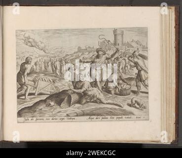 Maltrattamento degli Israeliti da parte degli egiziani, 1579 stampa un operaio israelita cade a terra e viene picchiato con una frusta da uno dei supervisori egiziani del faraone. Gli Israeliti raccolgono la paglia per cuocere le pietre. Mosè e Aaron predicano sullo sfondo. Sotto la performance un riferimento in latino al testo della Bibbia in ex. 5. La stampa fa parte di un album. Il Faraone dell'incisione su carta comanda ai taskmaster di smettere di fornire alle persone paglia per la fabbricazione di mattoni (+ variante). Gli Israeliti si lamentano con Mosè e Aronne ( Faraone) Foto Stock