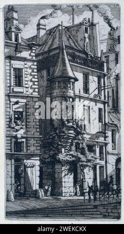 Torentje in Rue de la Tixéranderie a Parigi, Charles Meryon, 1852 stampa Torentje sul lato nord dell'Oude Hôtel de Ville in Rue de la Tixéranderie. L'artista ha deviato dalla realtà e, per esempio, ha aggiunto la vegetazione e gli ancoraggi alle pareti alla facciata. Ha anche reso l'edificio più alto e più stretto, aumentando il funzionamento verticale. Le cifre sulla strada sono relativamente piccole. strada per incidere la carta. torre, Torre dell'orologio  decorazione monumentale Parigi Foto Stock