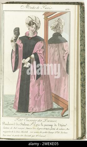 Piccola posta delle signore, 20 febbraio 1827, no 450: Costume da ballo mascherato ..., 1827 donna in piedi, con lo specchio dietro a un passaggio, vestito in costume per una palla mascherata. 'Domino Turc' di 'Gros de Naples' decorato con velluto. Sulla testa un turbante turco decorato con perline color oro, eseguito da Croizat. In mano mezza maschera con un pezzo di tessuto sul fondo. Stampa dalla rivista di moda Petit Courrier des Dames (1821-1868). Legato (con qualche pp. Le Journal des Dames et des Modes). Dal 15 gennaio 1827 al 20 marzo 1830. Incompleto. lastre di moda per incisioni in carta. Cappotto (DOMINO) (+ Foto Stock