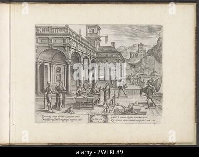 Età da 48 a 64 anni; ordine De Doric, 1598 - 1602 uomini più anziani sono in conversazione sulla terrazza di fronte a una casa, costruita in ordine dorico. I libri sono nelle nicchie della casa. Un uomo cade dalle scale che portano alla terrazza. Un guerriero sale le scale. A destra sullo sfondo ci sono un obelisco e una croce. Dalla torre della casa una bandiera con due bicchieri sopra. Nel margine un testo a quattro righe in due colonne, in latino. La stampa fa parte di un album. incisione su carta uomo adulto. donna adulta. vecchio. Ordine dorico  architettura. lettura. Libro - MM - libro aperto. occhiali Foto Stock
