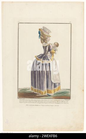 Gallerie di modi e costumi francesi, 1779, CC 160: Giovane donna che tiene il bambino (...), 1782 giovane donna, inclinata sulla schiena, con un bambino tra le braccia. Indossa una Caraco à la polonaise e una gonna, rifinita con pneumatici e tubazioni di un colore diverso. Grembiule decorativo con borsa. Sull'acconciatura alta un cappello di paglia con nastro e decorato con tulle a forma di fungo. Scarpe con tacco e fibbie. Dalla serie CC. 27th Cahier de Costumes French, 21st Suite d'Habillemens à la Mode e 1779, gallerie des Modes et Costumes French paper. inchiostro di stampa. acquerello (vernice) acquerello, incisione f Foto Stock