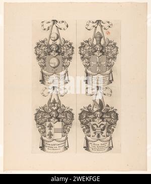 Rand d'armi di una mappa dell'Alblasserwaard e del Vijfheerenlanden (Deel), Anonimo, 1716 stampa foglia Uncuted con quattro stemmi. In alto a sinistra quella di Willem Pieter van der Laken, Drost e Schout van Ameiden e Tienhoven e Consiglio dell'acqua dell'Alblasserwaard e del Vijfheerenlanden. In alto a destra quello di Martinus van Barnevelt, Drost van Noordeloos e Consiglio dell'acqua del Consiglio dell'acqua dell'Alblasserwaard e del Vijfheerenlanden. In basso a sinistra quella di Christiaen Frederik van Dalen, Water Board of the Water Board of the Alblasserwaard e Vijfheerenlande Foto Stock