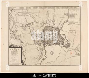 Piano dell'assedio di Menen, 1706, Anonymous, 1706 - 1732 stampa piano dell'assedio di Menen da parte degli Alleati sotto il generale E.W. von Salisch, preso il 22 agosto 1706. Mappa della città con tutti i rinforzi. In basso a sinistra il cartiglio del titolo con una ciotola in basso: 300 secondi. In un fascio sopra la mappa, una legenda A-Z e AA. In alto a destra un cartiglio con legenda 1-12. mappe di incisione/incisione su carta delle città. assedio, guerra di posizione. Assedio io andrò Foto Stock