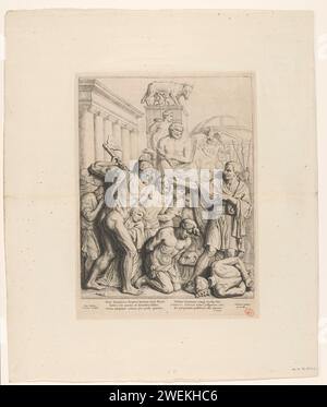 Rilievo con il giudizio di Lucio Giunio Bruto nel Vierschaar del Municipio in Piazza Dam, Hubert Quellinus, dopo Artus Quellinus (i), 1655 stampa soccorso con il giudizio di Lucio Giunio Bruto nel Vierschaar del Municipio in Piazza Dam ad Amsterdam. Il console Lucius Junius Bruto, in piedi a destra, dà al carnefice la firma per eseguire il verdetto e decapitare suo figlio. L'altro figlio è già stato decapitato e giace ai suoi piedi. Quando venne alla luce una cospirazione contro la giovane repubblica romana e i figli di Bruto Tito e Tiberio si rivelarono essere tra i cospiratori, egli si ribellò Foto Stock