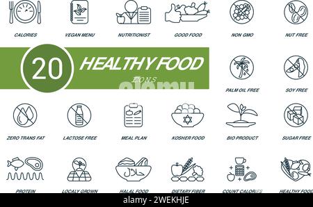 Set di icone di contorno per alimenti sani. Icone creative: Calorie, menu vegani, nutrizionista, buon cibo, non ogm, senza dadi, senza olio di palmo e altro ancora Illustrazione Vettoriale