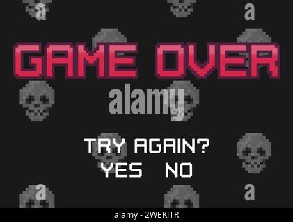 Pixel art Game Over Screen con teschi umani sullo sfondo. Video arcade in stile retrò a 8 bit schermata Game over backdrop con pulsanti di scelta Try Again (Riprova). Ve Illustrazione Vettoriale