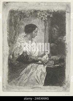 Sewister and Violin Player, Reinier Craeyvanger, 1822 - 1880 stampa Una donna siede su una panchina e usa ago e filo per regolare un foglio. Un vecchio suona il violino alla porta dietro di lei. carta incisa cucito domestico; riparazione di vestiti. una persona che suona uno strumento a corda (inchinato). violino, violino Foto Stock