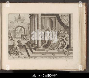 Stuzzicando le rane, le zanzare e le mosche, 1579 stampa in primo piano la seconda piaga che Dio ha portato sull'Egitto: Un parassita di rana. Un gruppo di persone è seduto al tavolo con rane ovunque. Sullo sfondo, il faraone viene attaccato da zanzare e zanzare. Sullo sfondo Aaron con il suo staff e Mosè. Sotto la performance un riferimento in latino al testo della Bibbia in ex. 8. La stampa fa parte di un album. Carta che incide la piaga delle rane: Aronne stende la mano sull'acqua dell'Egitto; le rane escono e coprono la terra. La piaga dei pidocchi: Aaron colpisce il terreno con Foto Stock