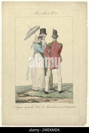 Incredibile e meraviglioso, 1815, magnifico no 25: Cappello paille (...), 1815 'Merveilleuse' con cappello di paglia sulla testa. Indossa un abito in mousseline sopra un "trasparente" (sotto la gonna). Nella mano un ombrellone tagliato con frange. Accanto a lei c'è un uomo con una giacca e pantaloni al ginocchio. Indossa lunghi lobi accanto a lei c'è un soldato inglese, visto sulla schiena, vestito con una giacca uniforme con edifici torniti su pantaloni lunghi e aderenti. Uno Sjako in testa. La stampa fa parte di una serie di 33 stampe di moda, incise da George Jacques Gatine, Parigi, 1810-1818. lastre di moda per incisioni in carta. head-g Foto Stock