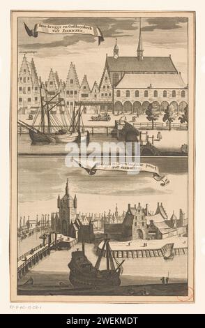 Due facce in Zierikzee, Anonymous, 1696 stampato sopra una faccia sul Gasthuiskerk a Zierikzee, con le pietre o l'ampio ponte sul vecchio porto sulla destra. Sotto una faccia sul Duivelandse Poort (a sinistra) e il Blokhuis lì. All'interno della Plaatrand, la numerazione è in alto a destra ma parzialmente visibile [p. 488]. incisione/incisione su carta prospetto della città, panorama cittadino, sagoma della città. chiesa (esterno). ponte in città dall'altra parte del fiume, del canale, ecc. Porta della città Gasthuiskerk. Pietre o un ponte largo. Zierikzee Foto Stock