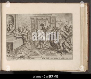 Stuzzicando le cavallette e la grandine, 1579 stampa in primo piano l'ottava peste che Dio ha portato sull'Egitto: Un cavalletto di peste. Il Faraone ordina a uno dei suoi soldati di uccidere le locuste. A sinistra, un servo riempie una caraffa d'acqua. Sullo sfondo a sinistra la settima peste dell'Egitto: Grandine. Sullo sfondo, a destra e a sinistra Aaron e Mosè che evocano la presa in giro. Sotto la performance un riferimento in latino al testo della Bibbia in ex. 9 e 10. La stampa fa parte di un album. Carta che incide la peste della grandine: Mosè alza la sua canna verso il cielo, e grandine e fuoco cadono verso il gro Foto Stock