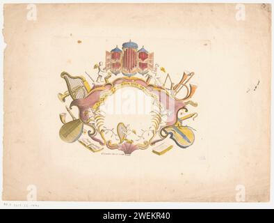 Cartouche decorato con strumenti musicali, F.J. Walther, 1738 - 1772 stampa un cartiglio vuoto decorato con vari strumenti a vescica e a corda, coronato da un organo. In fondo ad un angelo con un'arpa. Forse un marchio commerciale. strumenti a corda per incisione in carta (a pizzico). strumenti a corda (ad arco). strumenti a fiato Foto Stock