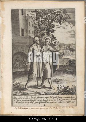 Filippo Neri cade da un asino e accompagna H. Germano a Roma, 1630 - 1641 stampa due scene della giovinezza di Filippo Neri. Da ragazzo cade da un asino ed è protetto da Dio (1522), da diciottenne va a Roma (1531-1532) con San Germano. Stampa n.. 1 in una serie di 44 stampe con scene della vita del Santo Filippo Neri. Carta incisione del fondatore della Congregazione dell'Oratorio (oratori) Philip Neri; possibili attributi: lily, rosario Foto Stock