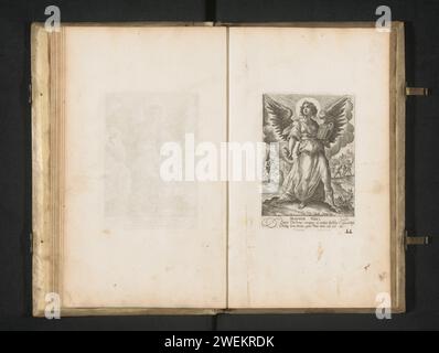 Arcangelo Uriel, Crispijn van de Passe (i), 1670 - 1726 stampa Arcangelo Uriel con libro e tubo o carta arrotolata. ramo e banner palm. A sinistra sullo sfondo, Uriel rimprovera il sacerdote Ezra. A destra sullo sfondo i due discepoli che Cristo incontra sulla via per Emmaus. In questo album fa parte di una serie di dodici esibizioni di Aartsengelen e altri angeli. Parte di un album con esibizioni principalmente cristiane. Incisione di carta di altri arcangeli diversi da Michael, Gabriel e Raphael: Uriel. Ezra e l'arcangelo Uriel (2 Esdra 4:1). Cleopas e Pietro incontrano Cristo (qualche volta Foto Stock