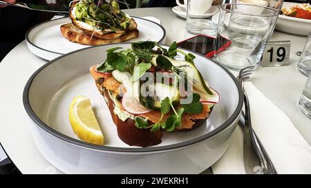 Primo piano del sandwich con salmone e verdure sul tavolo Foto Stock