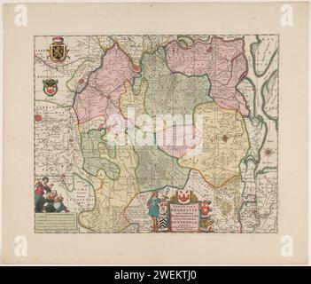 Mappa del Kwartier van Antwerpen, parte del Ducato di Brabante, Anonimo, 1703 - 1711 carta stampata del quartiere di Anversa, uno dei quattro quartieri in cui è diviso il Ducato di Brabante. Sotto, a destra del centro, il titolo Cartouche. A sinistra del titolo cartouche una leggenda con una dichiarazione della battaglia di Ekeren. In cima al titolo cartouche l'arma della città di Anversa, a sinistra le armi di Bergen op Zoom e Lier, a destra di Breda, Herentals e di nuovo da Breda. In alto a sinistra nella mappa Het Wapen van Brabant, con il Wapen van Antwerpen sotto. B Foto Stock