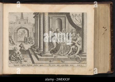 Stuzzicando le rane, le zanzare e le mosche, 1646 stampa in primo piano la seconda piaga che Dio ha portato sull'Egitto: Un parassita di rana. Un gruppo di persone è seduto al tavolo con rane ovunque. Sullo sfondo, il faraone viene attaccato da zanzare e zanzare. Sullo sfondo Aaron con il suo staff e Mosè. Sotto la performance un riferimento in latino al testo della Bibbia in ex. 8: 1. Questa stampa fa parte di un album. Carta che incide la piaga delle rane: Aronne stende la mano sull'acqua dell'Egitto; le rane escono e coprono la terra. La piaga dei pidocchi: Aaron colpisce il gro Foto Stock