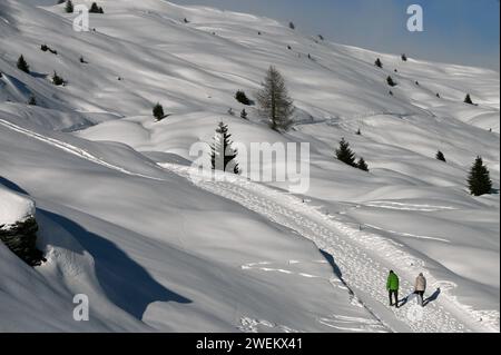 Wandern in einer Winterlandschaft im Naturpark Beverin, Graubünden, Schweiz *** escursioni in un paesaggio invernale nel Parco naturale di Beverin, Graubünden, Svizzera Foto Stock