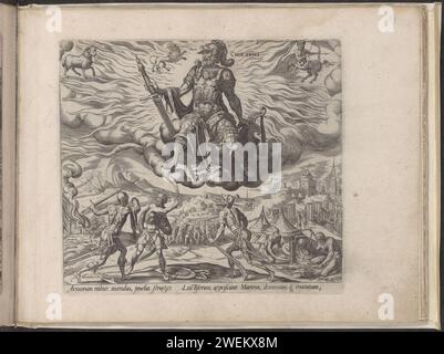 Temperamento colerico, 1566 stampa Marte, il dio della guerra, siede in paradiso con spada e scudo e raffigura l'omonimo pianeta. Sopra di lui ci sono tre segni dello zodiaco: RAM, Lion e Sagittarius, che corrispondono all'elemento Vuur. Tra di loro, sulla terra, le persone che hanno un temperamento colerico: I soldati fanno la guerra e un fabbro è al lavoro. In fondo al margine un testo in latino sopra i colerici e il pianeta che li accompagna. Questa stampa fa parte di un album. temperamento colerico per incisione su carta. Marte (pianeta). guerra. smith, fabbro Foto Stock