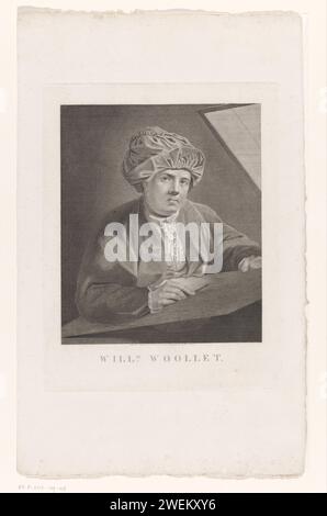 Ritratto di William Woollet, Gottfried Kissling, 1810 - 1849 stampa la persona ritratta dietro una lastra di rame con Burijn nella mano destra. Alla sua sinistra un vituur di foglie. incisore per incisione su carta, incisore. strumenti, attrezzi di grafici. ritratto, autoritratto dell'artista grafico. persone storiche Foto Stock