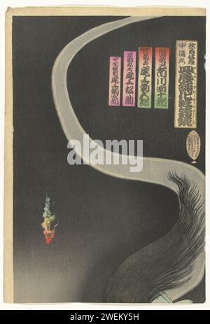 SAMOERAI AOYAMA EN HET SPOOK OKIKU, TOYOHARA KUNICHIKA, stampa 1892 Foglia superiore di un trittico, su cui i lunghi capelli del fantasma Okiku. colore della carta, spirito tagliato in legno, fantasma Foto Stock