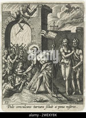 Cristo nel Breken, Adriaen Collaert, 1570 - 1618 stampa la discesa di Cristo nel pre-annoiato dopo la sua morte. Egli raggiunge la mano ai santi dell'Antico Testamento. Ha fissato la bandiera della resurrezione. Accanto a lui Adam ed Eva. La stampa ha una didascalia latina che incide Cristo nel mondo sotterraneo, straziante dell'inferno, Cristo nel Limbo, "descensus ad inferos", "Anastasis". Cristo lascia l'inferno: Libera patriarchi, profeti, re e altre persone dall'inferno, tra cui Adamo, Eva, Mosè, Davide, e Giovanni Battista Foto Stock