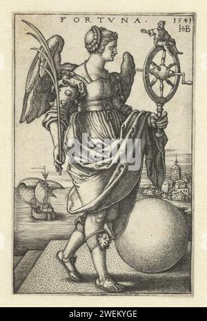 Fortuna, Hans Sebald Beham, 1541 stampa Winged Woman come personificazione di fortuna (Fortuin) con la ruota della fortuna e una figura speranzosa in cima alla ruota. Incisione di carta fortuna, fortuna, lotto; "Fato", "fortuna", "Aurea Fortune", "Good Luck", "Peace Luck overo Clemente", "fate" (Ripa) Foto Stock