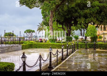 Udaipur Rajasthan India, 19 settembre 2023 Vista esterna e paesaggistica del Jagmandir o Jag Mandie a Udaipur Rajasthan India Foto Stock