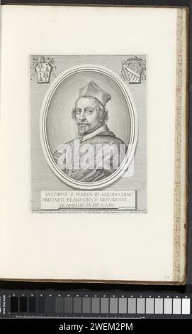 Portret Van Kardinaal Giacomo Franzoni, 1658 stampa Ritratto del Cardinale Giacomo Franzoni. In alto a sinistra dell'arma di Papa Alessandro VII e in alto a destra lo stemma del cardinale. In fondo a una didascalia in latino. La stampa fa parte di un album. cardinale per incisione su carta Foto Stock