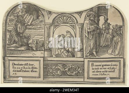 Mozes riceve la parte inferiore di una rivista stampata Stone, da una serie di dodici stampe. Stampato da più blocchi. Due scene dell'Antico Testamento, Prefigurations of Christ on the Mount of Olives: Left Mosè riceve le tavole di pietra, sotto i riferimenti ai testi biblici, sulla destra dello staff di Esther Coast di Ahasveros, sotto i riferimenti ai testi biblici. Due profeti nel mezzo. Paper Mosè riceve le tavole della legge da Dio. Esther bacia lo scettro di Ahasuerus Foto Stock