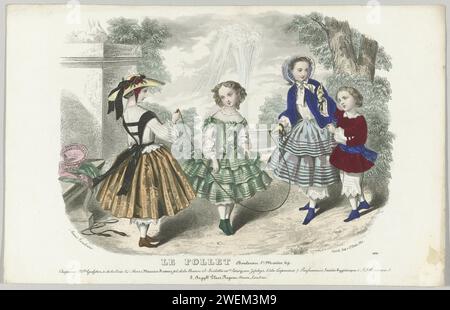 Le Follet, 1853, No. 1836: M.lle Grafetor Hats (...), 1853 quattro bambini stanno spingendo sulla corda. Una fontana sullo sfondo. Sotto la performance alcune righe di testo pubblicitario per prodotti diversi. Stampa dalla rivista di moda le Follet Courrier des Salons (novembre 1829-ottobre 1882). lastre di moda per incisione in carta acciaio. vestiti, costume (+ vestiti per bambina/ragazza). vestiti, costume (+ vestiti per bambini). fontana del giardino. giochi di salto con la corda. fiori Foto Stock