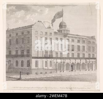 Esterno di Boekhandel Lackington, Allen & Co. A Londra, Thomas Tagg, c. 1798 - c. 1822 stampa Vista della libreria Lackington, Allen & Co., vista dall'entrata di Finsbury Square. In fondo alla facciata c'è "i librai più economici del mondo" e in alto il "Tempio delle Muse". Una bandiera sbatte dalla torre. facciata con incisione di carta (di abitazioni o edifici). Libreria, libreria Finsbury Square Foto Stock