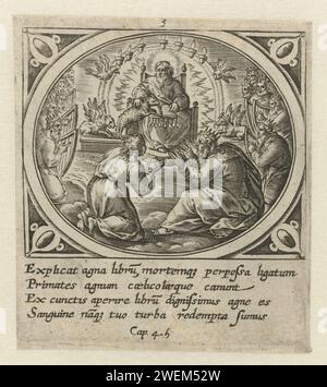 Dio sul suo trono, 1585 stampa Dio padre, seduto sul suo trono con un libro in grembo e l'Agnello. Il trono è circondato dalle sette torce, dai quattro animali apocalittici e dai 24 anziani, l'arpa che gioca. Nel margine una didascalia a quattro righe in latino. Terza stampa di una serie di ventiquattro con la rivelazione di Giovanni su Patmos. Carta che incide il trono di Dio  Apocalisse Foto Stock