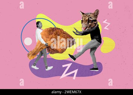 Collage pop pinup pubblicità retrò di una ragazza con tacchino fritto che allatta il gatto domestico con prodotti pericolosi calorie di dieta concetto fast food Foto Stock