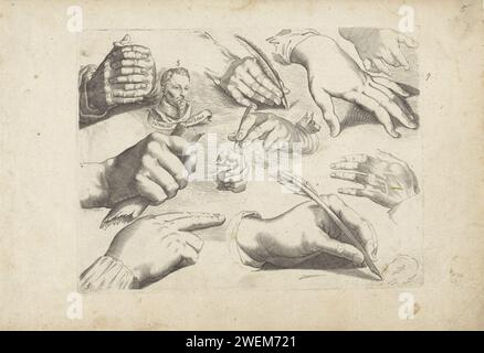 Foglio di studio con esempi di disegno: Mani e ritratto di Hendrick Goltzius, c. 1610 - c. 1672 stampa terza stampa da una serie di esempi di disegno di dimensioni sconosciute. Rivista di studio con le mani, inclusa la molla di scrittura. Ritratto di sinistra da Hendrick Goltzius all'incisione di Robert de Baudous. Una testa di cane al centro. testina per incisione su carta (umana). la mano. manuali  attrezzi di pittura. cane Foto Stock