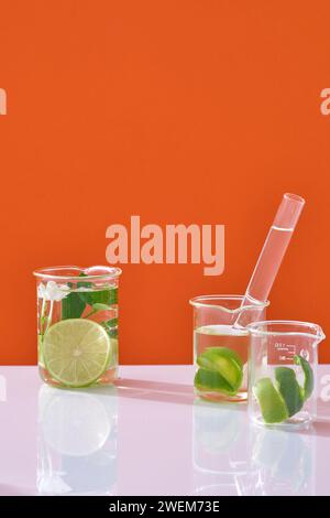 Fette di lime, buccia e foglie verdi in becher e liquido incolore decorato su sfondo al neon arancione. Scena per pubblicità cosmetica di estr. Naturale Foto Stock