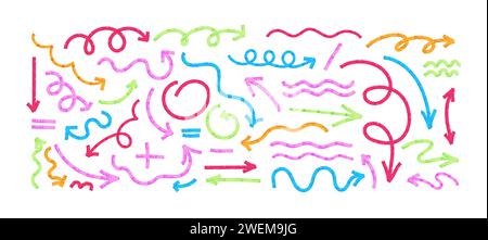 Set colorato di frecce ondulate e scottanti disegnate da pennellate o pennellate dipinte a mano. strisce di acquerello isolate su sfondo bianco Illustrazione Vettoriale