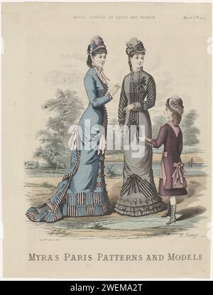 Myra's Journal of Dress and Fashion, 1 marzo 1879, No. 45 : Myra's Paris (...), 1879 due donne in abiti altamente connessi con motivo a strisce decorate con bottoni (decorativi), nastri e volant. Cappelli con piume, uno dei quali è con fiocchi. Ragazza in giacca bicolore con volant e nastri sul retro. Stivali con bottoni e tacchi. Stampa dalla rivista di moda Myra's Journal of Dress and Fashion (1875-1902). lastre di moda per incisioni in carta. abito, abito (+ abiti da donna). copricapo: cappello (+ abiti da donna). bordo, nastro, treccia (+ abiti da donna). cappotto (+ vestiti per bambina/ragazza). testa- Foto Stock