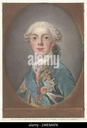 Ritratto di Louis Stanislas Xavier de France, Louis Marin Bonnet, dopo Louis Michel van Loo, 1771 - 1772 stampa Ritratto di Louis Stanislas Xavier de France, conte di Provenza, poi re Luigi XVIII, in accompagnamento ovale. incisione della carta Foto Stock