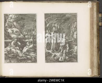 Christ in the Court of Getsemane / Collection of Christ, 1653 - 1654 stampa due esibizioni su una rivista di album. Nella performance di sinistra, Cristo prega nella Hof di Getsemane. Un angelo gli appare e gli mostra un calice. In primo piano tre discepoli dormienti. Un gruppo di soldati arriva attraverso la porta della città sullo sfondo. Il giudice mostra la cattura di Cristo. Judas lo bacia sulla guancia. Peter Malchus prende un orecchio in primo piano. La rivista fa parte di un album. Incisione su carta / tipografia che stampa la preghiera di Cristo nel Giardino del Getsemani durante la notte. agonia di Foto Stock