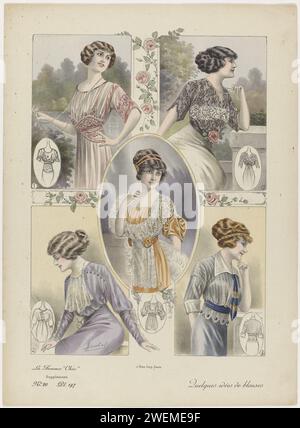 La donna chic, supplemento, 1911, no 20, pl. 197: Alcune idee di camicette (...), A. Souchel, c. 1911 cinque camicette diverse, con piccola linea disegnata dal retro. Altri accessori: Collana con ciondolo, corsage di fiori, fascia per capelli, stola e cravatta. Stampa dalla rivista di moda la Femme Chic (1911-1971) lastre di carta moda. abbigliamento per la parte superiore del corpo: camicetta (+ abiti da donna). ciondolo, trinket, "breloque" (+ abiti da donna). Abbigliamento da collo  (CRAVATTA) (+ abiti da donna). fiori: rosa Foto Stock