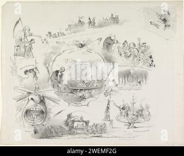 Cartone animato da Leiden Student Almanac, 1849, 1849 stampa Cartoon dall'almanacco studente dell'Università di Leida dell'anno 1849. Centrare il Consiglio del Leidsche Huiszittenhuis circondato da scene di professori e vita studentesca. . Vita studentesca Leiden Foto Stock