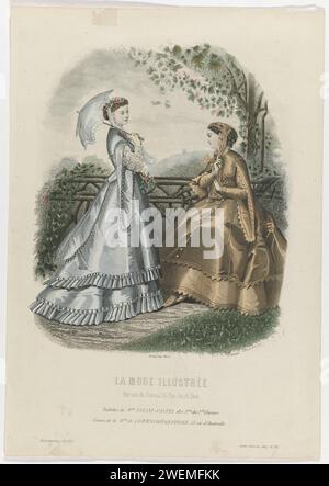 Moda illustrata, 1867, No. 32: Bagni di Mme Breant-Castel (...), 1867 due donne, una delle quali con ombrellone, su un pianerottolo. La donna seduta indossa un abito con maniche decorative larghe. Secondo la didascalia: Gruppi di Breant-Castel. Stampa dalla rivista di moda la Mode Illustrée (1860-1937). lastre di moda per incisione in carta acciaio. copricapo: cappello (+ abiti da donna). maniche (+ abiti da donna). scarpe, sandali (+ abiti da donna). guanti, guanti, ecc. (+ vestiti da donna). orecchini (+ vestiti da donna). fiori Foto Stock