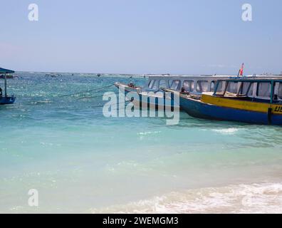 Imbarcazioni pubbliche sulla spiaggia sabbiosa con acque limpide di Gili Air, Foto Stock